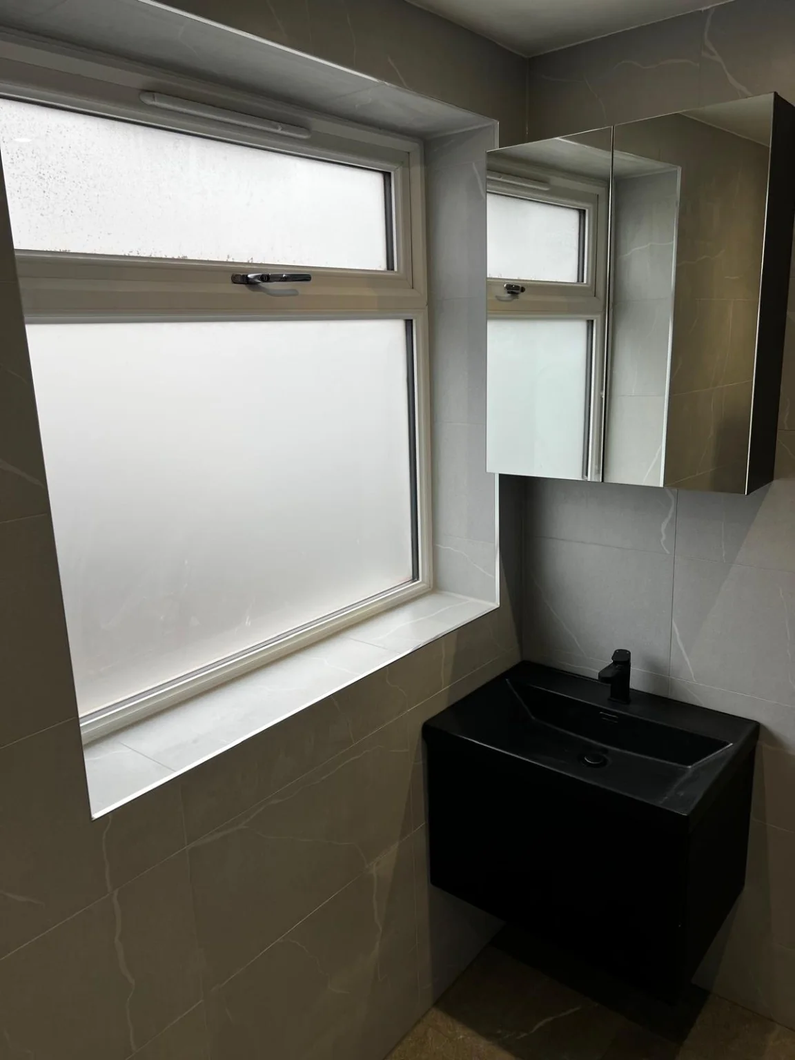 Bathroom vanity and mirror cabinet with black fittings